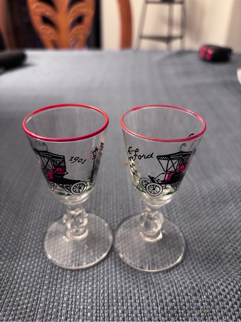 Libbey 1950’s horseless carriage Ford 1901 shot or cordial glasses set of two